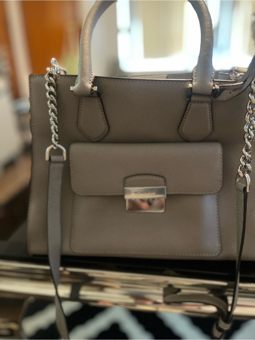 Michael Kors Gray Leather Satchel Handbag with Chain Strap
